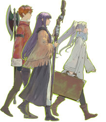Rule 34 | 1boy, 2girls, absurdres, axe, bag, battle axe, black coat, black footwear, black gloves, black hair, black pantyhose, blue jacket, blunt bangs, boots, briefcase, brown footwear, brown pants, brown shawl, closed mouth, coat, dress, earrings, elf, fern (sousou no frieren), floating hair, frieren, from side, full body, fur-trimmed jacket, fur trim, gloves, green outline, grey hair, hair ornament, hair over shoulder, hairclip, half updo, happy, highres, holding, holding bag, holding staff, jacket, jewelry, knee boots, long hair, long sleeves, looking ahead, multicolored hair, multiple girls, outline, pants, pantyhose, pointy ears, profile, purple hair, qianyu rainz, red hair, red jacket, shawl, short hair, simple background, sleeves past wrists, smile, sousou no frieren, staff, stark (sousou no frieren), straight hair, streaked hair, twintails, weapon, weapon on back, white background, white coat, white dress, winter clothes