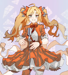 Rule 34 | 1girl, absurdres, arknights, blonde hair, blue eyes, bow, bowtie, dress, eyebrows hidden by hair, hair ribbon, highres, long hair, looking at viewer, microphone, official alternate costume, open mouth, orange thighhighs, pinecone (arknights), pinecone (sing a song) (arknights), renxzd, ribbon, smile, solo, teeth, thighhighs, twintails, white thighhighs