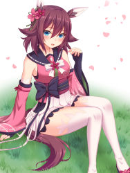 Rule 34 | 1girl, :d, animal ears, bare shoulders, black gloves, blue eyes, blush, breasts, brown hair, commentary request, detached sleeves, feet out of frame, fingerless gloves, flower, gloves, hair between eyes, hair flower, hair ornament, hanazome dotera, hand up, highres, horse ears, horse girl, horse tail, japanese clothes, kimono, knees together feet apart, knees up, long sleeves, looking at viewer, medium breasts, nail polish, open mouth, petals, pink flower, pink kimono, pink nails, pink sleeves, pleated skirt, red flower, sakura chiyono o (umamusume), skirt, sleeveless, sleeveless kimono, smile, solo, tail, thighhighs, umamusume, white skirt, white thighhighs, wide sleeves