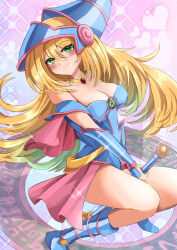 Rule 34 | 1girl, absurdres, bare shoulders, blonde hair, blue leotard, boots, breasts, cleavage, closed mouth, collarbone, commentary request, dark magician girl, duel monster, green eyes, hair over eyes, hat, highres, jewelry, large breasts, leotard, long hair, medium breasts, misakura aoi, necklace, partial commentary, pentacle, solo, sparkle, star (symbol), thighs, vambraces, wand, yu-gi-oh!, yu-gi-oh! duel monsters