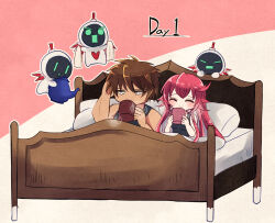 Rule 34 | bed, breasts, brown hair, coffee, coffee mug, couple, cup, guilty gear, guilty gear strive, highres, husband and wife, jack-o&#039; valentine, kana-de, mug, red hair, small breasts, sol badguy