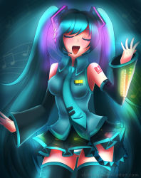 Rule 34 | 1girl, aqua hair, bare shoulders, closed eyes, detached sleeves, female focus, green hair, hatsune miku, headset, highres, long hair, music, musical note, open mouth, panties, pantyshot, singing, skirt, solo, striped clothes, striped panties, thighhighs, twintails, underwear, upskirt, very long hair, vicky-nyan, vocaloid