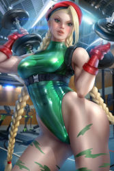 Rule 34 | 1girl, ayya sap, blonde hair, bodypaint, braid, cammy white, capcom, curvy, exercising, green leotard, highleg, highleg leotard, highres, leotard, looking at viewer, shiny clothes, skin tight, street fighter, thong leotard, twin braids, weightlifting, wide hips