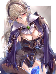 Rule 34 | 1girl, absurdres, armor, black armor, black gloves, black leotard, blue cape, blush, border, breasts, cape, clear glass (mildmild1311), cleavage, corrin (female) (fire emblem), corrin (female) (nohr noble) (fire emblem), corrin (fire emblem), cowboy shot, detached collar, fire emblem, fire emblem fates, fire emblem heroes, gloves, grey hair, hairband, highres, holding, holding cape, holding clothes, leotard, light rays, long hair, medium breasts, nintendo, official alternate costume, open mouth, pointy ears, red eyes, simple background, sleeveless, solo, thighs, torn cape, torn clothes, white border