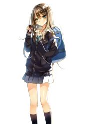 Rule 34 | 10s, 1girl, bag, brown hair, cardigan, coffee, coffee cup, cup, disposable cup, green eyes, hand in pocket, idolmaster, idolmaster cinderella girls, jewelry, jiji (381134808), long hair, looking at viewer, necklace, necktie, school uniform, shibuya rin, simple background, solo