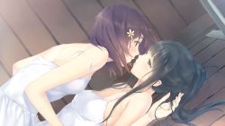 Rule 34 | 2girls, bare shoulders, black eyes, black hair, blush, breasts, brown hair, eye contact, flowers (game), flowers (innocent grey), imminent kiss, innocent grey, long hair, looking at another, lying, multiple girls, ponytail, short hair, small breasts, wooden floor, yuri