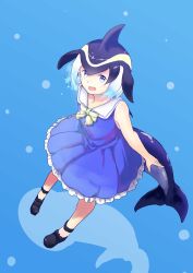 Rule 34 | 10s, 1girl, :d, ankleband, black bow, black footwear, black hair, blonde hair, blue dress, blue eyes, blue hair, bow, bowtie, bubble, cetacean tail, common dolphin (kemono friends), dress, fins, fish tail, footwear bow, frilled dress, frills, gradient hair, head fins, highres, in water, kemono friends, looking at viewer, multicolored hair, open mouth, sailor collar, shadow, shoes, short hair, sleeveless, sleeveless dress, smile, solo, submerged, tail, fish tail, tamiku (shisyamo609), white hair, yellow bow, yellow bowtie