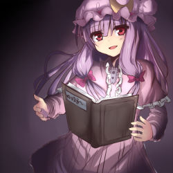 Rule 34 | 1girl, bad id, bad pixiv id, book, crescent, dress, female focus, floating, floating book, floating object, hair ribbon, hat, long hair, looking at viewer, miya (tokumei), open mouth, patchouli knowledge, purple hair, red eyes, ribbon, smile, solo, striped clothes, striped dress, tokumei, touhou