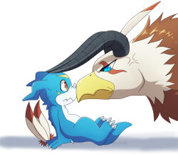 Rule 34 | 2others, annoyed, aquilamon, beak, blue eyes, digimon, digimon (creature), highres, horns, looking at another, multiple others, red eyes, v-mon