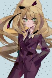 Rule 34 | 1girl, blonde hair, blue background, business suit, buttons, celine (fire emblem), dotted background, fire emblem, fire emblem engage, formal, green eyes, hair tie, hand in pocket, highres, long hair, necktie, nintendo, ruuu ran ran, simple background, solo, suit