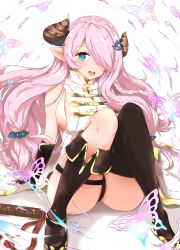 Rule 34 | 10s, 1girl, :d, absurdres, anklet, bare shoulders, black gloves, black panties, black thighhighs, blue eyes, boots, braid, breasts, bug, butterfly, coat, draph, female focus, fingerless gloves, gloves, granblue fantasy, hair ornament, hair over one eye, heart, heart-shaped pupils, highres, horns, insect, jewelry, knee boots, large breasts, long hair, low-tied long hair, mitsuru n, mitsurun (mgnm 12yam199), narmaya (granblue fantasy), open mouth, panties, pantyshot, pink hair, pointy ears, side braid, sideboob, simple background, sitting, smile, solo, symbol-shaped pupils, thigh boots, thighhighs, underwear, very long hair, white background