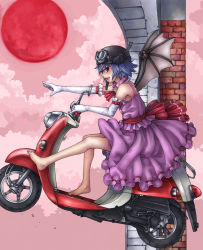 Rule 34 | 1girl, barefoot, bat wings, blue hair, elbow gloves, feet, female focus, full moon, gloves, goggles, goggles on head, helmet, highres, moon, motor vehicle, motorcycle, red eyes, red moon, remilia scarlet, scooter, short hair, solo, touhou, vehicle, wings, yossyzero