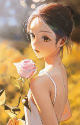 Rule 34 | 1girl, brown eyes, brown hair, day, dress, film grain, flower, hair bun, holding, holding flower, looking to the side, on (onon2659), original, outdoors, parted lips, photo-referenced, rose, short hair, sleeveless, sleeveless dress, solo, spaghetti strap, upper body, white dress