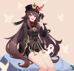 Rule 34 | 1girl, absurdres, between legs, between thighs, brown hair, card, closed eyes, flower, genshin impact, ghost, hat, highres, hu tao (genshin impact), long hair, long sleeves, open mouth, plum blossoms, qkrwldn0402, red eyes, short shorts, shorts, sitting, smile, solo, twintails, very long hair, wavy mouth