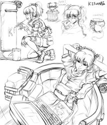 Rule 34 | 1girl, alternate costume, alternate weapon, arms up, art brush, braid, bucket, computer, contemporary, closed eyes, female focus, greyscale, hair bobbles, hair ornament, headset, in bucket, in container, kisume, lleu, military, military uniform, monochrome, paintbrush, shoes, sitting, sketch, smile, sneakers, solo, touhou, twin braids, uniform, weapon