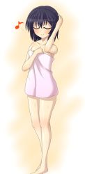 Rule 34 | 1girl, ^ ^, bare legs, bare shoulders, barefoot, black hair, blush, collarbone, closed eyes, hand on own head, legs, musical note, naked towel, shameimaru aya, short hair, smile, solo, spoken musical note, teoi (good chaos), touhou, towel