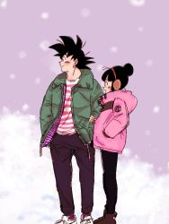 Rule 34 | 1boy, 1girl, :d, black eyes, black hair, black pantyhose, blunt bangs, boots, brown footwear, capsule corp, chi-chi (dragon ball), clothes writing, coat, commentary request, couple, dragon ball, dragonball z, earmuffs, eyelashes, from side, full body, green jacket, hair bun, hand in pocket, hand on another&#039;s arm, hands in pockets, happy, height difference, hetero, jacket, long sleeves, looking away, open clothes, open jacket, open mouth, pants, pantyhose, pink coat, pink shirt, profile, purple background, shirt, shoes, simple background, single hair bun, smile, sneakers, snowflake background, son goku, sora (happygreencandy), spiked hair, standing, striped clothes, striped shirt, two-tone background, white background, white shirt, winter, winter clothes, winter coat