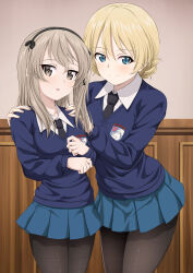 Rule 34 | 1girl, 2girls, absurdres, assam (girls und panzer), black necktie, black pantyhose, black ribbon, blonde hair, blue eyes, blue skirt, blue sweater, braid, brown eyes, closed mouth, commentary request, darjeeling (girls und panzer), dress shirt, emblem, girls und panzer, hair ribbon, hands on another&#039;s shoulders, highres, indoors, inoshira, light brown hair, light frown, long hair, long sleeves, looking at viewer, miniskirt, multiple girls, necktie, one side up, pantyhose, parted lips, partial commentary, pleated skirt, ribbon, school uniform, shimada arisu, shirt, short hair, side-by-side, skirt, smile, solo, spoilers, st. gloriana&#039;s (emblem), st. gloriana&#039;s school uniform, standing, sweater, twin braids, v-neck, white shirt, wing collar