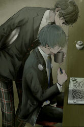 Rule 34 | 2boys, amamiya ren, bar stool, behind another, black-framed eyewear, black hair, blazer, blue eyes, blue hair, coffee cup, crossover, crossword puzzle, cup, disposable cup, expressionless, gekkoukan high school uniform, glasses, highres, holding, holding pen, jacket, male focus, messy hair, monochrome, multiple boys, open clothes, open jacket, pants, pen, persona, persona 3, persona 5, polo shirt, school uniform, short hair, shuujin academy school uniform, sitting, smile, standing, stool, sumino suito, tray, yuuki makoto (persona 3)