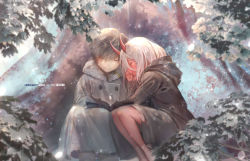 Rule 34 | 10s, 1boy, 1girl, absurdres, artist name, bandages, bandaged foot, bandaged foot, bandages, book, brown hair, cloak, closed mouth, coat, colored skin, dappled sunlight, darling in the franxx, day, closed eyes, fur collar, grey coat, hair between eyes, head tilt, highres, hood, hood down, hooded cloak, horns, leaf, long hair, long sleeves, oni, open book, outdoors, parted lips, red skin, sa&#039;yuki, silver hair, sitting, sleeping, smile, spoilers, sunlight, tree, trench coat, under tree, winter clothes, winter coat, zero two (darling in the franxx)