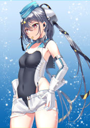 Rule 34 | 1girl, aqua hat, black one-piece swimsuit, blush, brown eyes, closed mouth, competition swimsuit, cowboy shot, garrison cap, gloves, gradient background, grey hair, hair between eyes, hair ornament, hat, headgear, highleg, highleg swimsuit, kantai collection, long hair, mayura (lucadia), mouth hold, one-piece swimsuit, scamp (kancolle), shorts, side ponytail, solo, star (symbol), star hair ornament, swimsuit, white gloves, white shorts