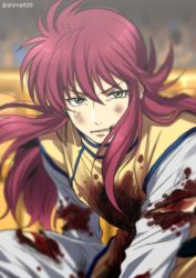 Rule 34 | 1boy, blood, blood on clothes, blurry, blurry background, bruise, chinese clothes, commentary request, dirty, dirty face, furrowed brow, green eyes, hair between eyes, injury, kurama (yu yu hakusho), long hair, looking at viewer, male focus, mashima shima, pink hair, serious, solo, twitter username, v-shaped eyebrows, yuu yuu hakusho