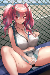 Rule 34 | 1girl, azur lane, bare shoulders, blue sky, bow, breasts, bremerton (azur lane), bremerton (scorching-hot training) (azur lane), chain-link fence, crop top, crop top overhang, day, fence, grey hair, hair between eyes, hair bow, hair ornament, hairclip, heart, heart necklace, highres, jewelry, large breasts, long hair, mole, mole under eye, multicolored hair, necklace, outdoors, pink hair, shirt, sitting, sky, sleeveless, sleeveless shirt, solo, sportswear, spread legs, streaked hair, tennis uniform, tosaka (tosaka0001), twintails, two-tone hair, two-tone shirt, two-tone skirt, x hair ornament
