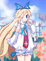 Rule 34 | 1girl, blonde hair, bloomers, blue bow, blue eyes, bow, closed mouth, cloud, cowboy shot, detached sleeves, disgaea, flonne, flower, hair bow, highres, legs together, long hair, looking at viewer, makai senki disgaea, one eye closed, outdoors, shirt, sky, smile, solo, standing, suaman, underwear, white bloomers, white shirt, white sleeves, white wings, wings
