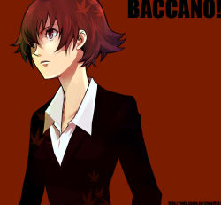 Rule 34 | 00s, 1girl, androgynous, baccano!, ennis, flat chest, formal, pant suit, pants, red eyes, red hair, reverse trap, short hair, solo, suit