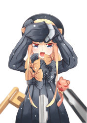 Rule 34 | 1girl, abigail williams (fate), aiee, arms up, black bow, black dress, black hat, blonde hair, blue eyes, blurry, blurry foreground, blush, bow, covering privates, depth of field, dress, fang, fate/grand order, fate (series), hair bow, hands in opposite sleeves, hat, highres, key, long hair, long sleeves, looking at viewer, open mouth, orange bow, orion (bear) (fate), parted bangs, polka dot, polka dot bow, simple background, stuffed animal, stuffed toy, teddy bear, tsurime, v-shaped eyebrows, very long hair, white background