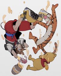 Rule 34 | 1boy, arms behind head, arms up, belt, blue belt, blue eyes, brown hair, falling, highres, honey, honeypot, hood, hooded jacket, jacket, jewelry, kingdom hearts, light smile, male focus, necklace, oimo (oimkimn), outstretched arms, piglet (winnie the pooh), pooh, short hair, short sleeves, simple background, sora (kingdom hearts), spiked hair, tigger, upside-down, winnie the pooh, yellow footwear