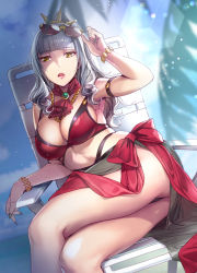 Rule 34 | 1girl, :o, arm strap, beach chair, bikini, black sarong, bracelet, breasts, carmilla (fate), cleavage, commentary request, eyewear on head, fate (series), fingernails, gem, highres, jewelry, large breasts, lipstick, long fingernails, long hair, looking at viewer, makeup, necklace, nekomata naomi, ponytail, red bikini, red ribbon, ribbon, sarong, sharp fingernails, silver hair, sitting, solo, carmilla (summertime mistress) (fate), sunglasses, swimsuit, tiara, yellow eyes