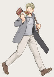 Rule 34 | 1boy, armor, bag, blonde hair, brown footwear, casual, chainmail, contemporary, drawstring, dungeon meshi, eahsu1994, eating, food, food wrapper, from side, full body, gorget, grey hoodie, grey jacket, hands up, highres, holding, holding food, hood, hood down, hoodie, jacket, laios touden, long sleeves, looking to the side, male focus, pants, pauldrons, plate armor, sandwich, shoes, short hair, shoulder armor, simple background, solo, vambraces, walking, white pants
