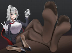 Rule 34 | 1girl, absurdres, beer can, blue eyes, c14 (girls&#039; frontline), can, chair, drink can, feet, girls&#039; frontline, highres, long hair, looking at viewer, open mouth, pantyhose, ponytail, shoes, silver hair, sitting, soles, table, tsa, unworn shoes