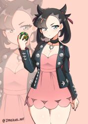 Rule 34 | 1girl, absurdres, alternate breast size, asymmetrical bangs, black choker, black hair, black jacket, black nails, breasts, choker, cleavage, closed mouth, creatures (company), dress, dusk ball, game freak, hair ribbon, highres, holding, holding poke ball, jacket, jarckius, marnie (pokemon), medium breasts, nintendo, pink dress, poke ball, poke ball (basic), pokemon, pokemon swsh, ribbon, thighs, twintails, wide hips, zoom layer