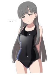 Rule 34 | 1girl, amagamip, arms behind back, bare shoulders, black eyes, black hair, black one-piece swimsuit, blunt bangs, blush, breasts, closed mouth, collarbone, commentary, covered navel, cowboy shot, hair ornament, idolmaster, idolmaster cinderella girls, idolmaster cinderella girls starlight stage, kobayakawa sae, long hair, looking at viewer, one-piece swimsuit, simple background, small breasts, solo, standing, swimsuit, white background