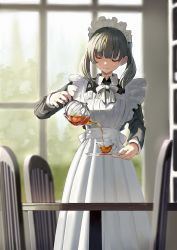 Rule 34 | 1girl, black shirt, blunt bangs, blurry, blurry background, bow, bowtie, chair, closed eyes, collared shirt, cup, dot nose, dress, frills, green hair, highres, holding, holding saucer, holding teapot, indoors, light smile, long dress, long sleeves, maid, maid headdress, original, pouring, sash, saucer, shelf, shii (kairi-t-k0317), shirt, short hair, short twintails, solo, standing, table, teapot, twintails, white bow, white bowtie, white dress, white sash, window