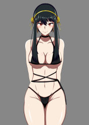 Rule 34 | 1girl, arms behind back, bikini, black bikini, black choker, black hair, breasts, choker, closed mouth, earrings, flower, gold earrings, gold hairband, grey background, groin, hair flower, hair ornament, hairband, highres, jewelry, large breasts, navel, red eyes, red lips, rose, sidelocks, simple background, smile, solo, spikes, spy x family, stomach, sungose, swimsuit, thighs, yor briar