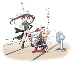 Rule 34 | 10s, 2girls, = =, amatsukaze (kancolle), bad id, bad pixiv id, brown hair, convenient censoring, dress, electric fan, garter straps, grey eyes, groin, hair censor, hair ribbon, hair tubes, hands on own hips, highres, kantai collection, multiple girls, no panties, open mouth, ribbon, sailor dress, short dress, sitting, smile, spaghe (kyoumospaghe), tatami, thighhighs, tone (kancolle), translated, twintails, two side up, wariza, white hair, zettai ryouiki