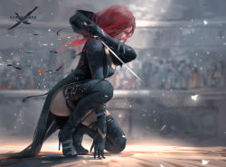 Rule 34 | 1girl, black dress, black footwear, black gloves, black thighhighs, boots, colosseum, copyright name, dress, from side, full body, ghostblade, gloves, high heel boots, high heels, on one knee, realistic, red eyes, red hair, squatting, sword, thigh boots, thighhighs, weapon, wlop