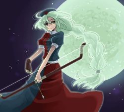 Rule 34 | 1girl, arrow (projectile), bow (weapon), braid, female focus, full moon, green eyes, long hair, moon, night, night sky, sky, solo, touhou, weapon, yagokoro eirin, yutsuka, yutsuka (amyucca)