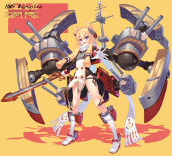 Rule 34 | 1girl, :3, :d, anchor symbol, animal ears, azur lane, black panties, blonde hair, blush, bow, breasts, cannon, cat ears, character name, commentary request, cropped jacket, english text, fringe trim, gloves, hair between eyes, headgear, highres, holding, holding sword, holding weapon, jacket, kaina (tsubasakuronikuru), kneehighs, long sleeves, looking at viewer, machinery, open mouth, outstretched arm, panties, pink bow, purple eyes, purple jacket, scarf, shirt, shoes, short hair with long locks, side-tie panties, sidelocks, small breasts, smile, sneakers, socks, solo, standing, sword, turret, underwear, v-shaped eyebrows, warspite (azur lane), weapon, white gloves, white scarf, white shirt, white socks, yellow background