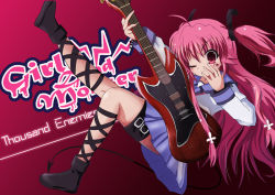 Rule 34 | 10s, 1girl, angel beats!, ankle lace-up, cross-laced footwear, demon girl, demon tail, devil girl, flat chest, guitar, instrument, pink eyes, pink hair, rayhwang, school uniform, serafuku, solo, tail, twintails, two side up, yui (angel beats!)