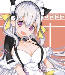 Rule 34 | 1girl, blush, breasts, cleavage, fang, highres, hotta chinoko, hourei tenten, large breasts, long hair, looking at viewer, maid, maid headdress, melty+, mole, mole on breast, open mouth, red background, silver hair, simple background, skin fang, smile, solo, upper body, virtual youtuber