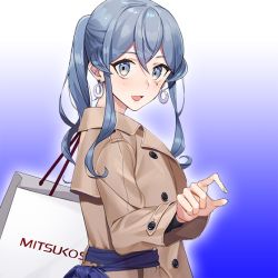 Rule 34 | 1girl, alternate costume, bag, blue eyes, blue hair, coat, drew (drew213g), earrings, gotland (kancolle), hair bun, jacket, jewelry, kantai collection, long hair, long sleeves, looking at viewer, mole, mole under eye, official art, pointing, shopping bag, single hair bun, smile, winter clothes, winter coat