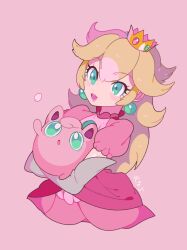 Rule 34 | 1girl, aqua eyes, blonde hair, blush stickers, collared dress, creatures (company), cropped legs, crown, dress, earrings, elbow gloves, eyelashes, game freak, gen 1 pokemon, gloves, gold crown, highres, holding, holding pokemon, jewelry, jigglypuff, lipstick, long hair, looking ahead, makeup, mario (series), mini crown, nintendo, open mouth, petals, pink background, pink dress, pink lips, pink theme, pokemon, pokemon (creature), princess peach, puffy short sleeves, puffy sleeves, short sleeves, signature, simple background, smile, sphere earrings, super smash bros., teeth, third-party source, upper teeth only, very long hair, white gloves, yasaikakiage