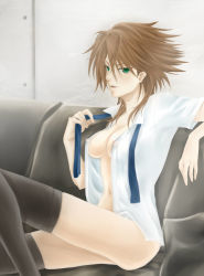 Rule 34 | 10s, 1girl, areola slip, black thighhighs, bottomless, breasts, brown hair, cardfight!! vanguard, couch, female focus, gender request, genderswap, green eyes, hamtyapi, highres, image sample, indoors, kai toshiki, looking at viewer, looking to the side, medium breasts, naked shirt, no bra, on couch, open clothes, open shirt, pixiv sample, resized, shirt, short hair, sitting, solo, thighhighs, white shirt