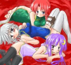 Rule 34 | 3girls, bare shoulders, china dress, chinese clothes, crescent, crescent hair ornament, dress, female focus, hair ornament, hong meiling, izayoi sakuya, long hair, multiple girls, patchouli knowledge, purple hair, red hair, ribbon, sidorov, thighhighs, touhou, white hair