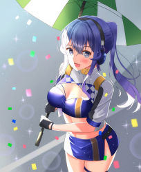 Rule 34 | 1girl, bandeau, black gloves, blue bandeau, blue eyes, blue hair, blue skirt, breasts, cleavage, commentary request, confetti, cowboy shot, cropped jacket, gloves, gotland (kancolle), half gloves, headphones, headset, jacket, kantai collection, long hair, looking at viewer, medium breasts, microphone, midriff, miniskirt, mole, mole under eye, official alternate costume, ponytail, race queen, shrug (clothing), skirt, solo, toyomi 13, umbrella, white jacket