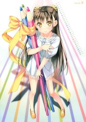 Rule 34 | 10s, 1girl, 2015, absurdres, blush, brown hair, calendar, dress, eyebrows, full body, hair ornament, highres, huge filesize, kantoku, looking at viewer, march, nagisa (kantoku), no socks, non-web source, original, oversized object, pencil, ribbon, shadow, shoes, smile, solo, twintails, two side up, yellow eyes, yellow ribbon